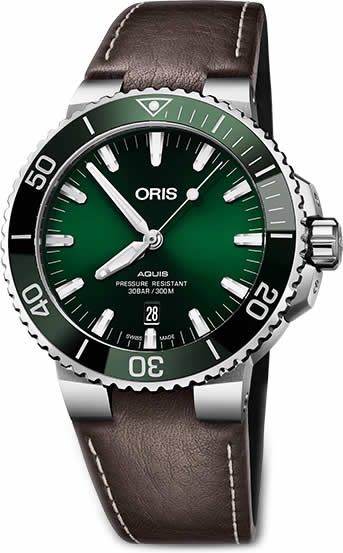 Swiss Luxury Replica ORIS AQUIS DATE GREEN DIAL ON LEATHER STRAP 01 733 7730 4157-07 5 24 10EB watch